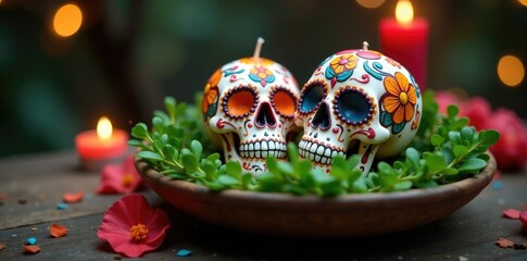 Sugar skulls with candles and greenery in a bowl, art, greenery, festive