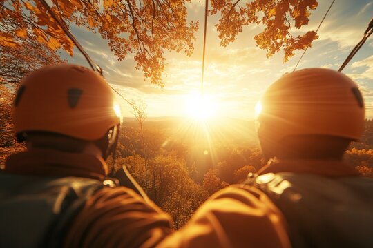 Friends enjoy ziplining adventure over autumn forest at sunset in beautiful nature landscape