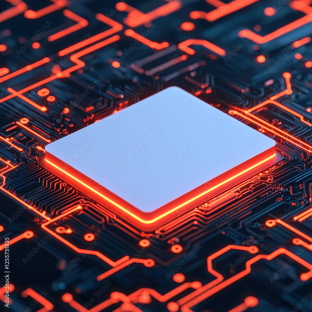 Poster futuristic circuit board with glowing processor in center