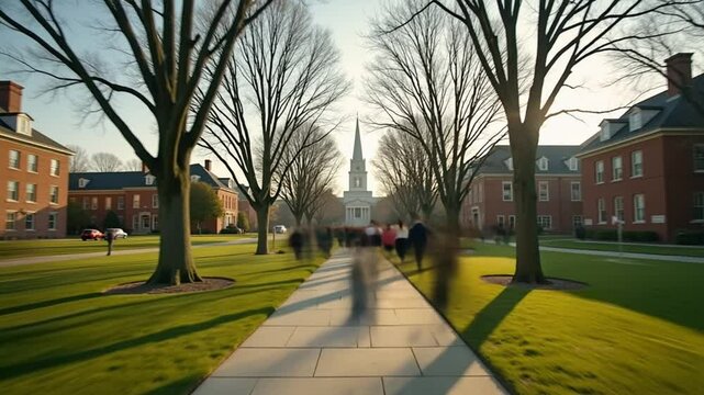 Timelapse of students walking through a college campus on a sunny day, motion blur