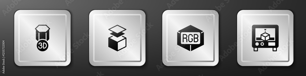 Aufkleber set 3d printer, layers, rgb and cmyk color mixing and icon. silver square button. vector