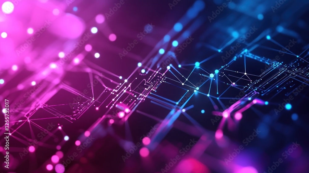 Poster abstract technological background with glowing lines and nodes in blue and pink