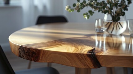 A simple wooden table decorated with a beautiful vase of fresh flowers, suitable for any room or occasion