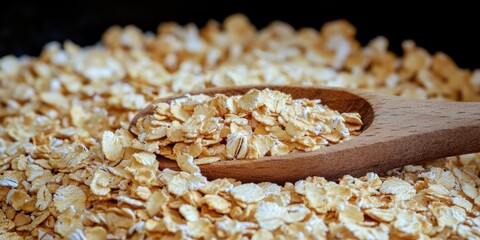 Obraz premium A wooden spoon filled with oatmeal sits atop a pile of oats, a simple yet satisfying scene