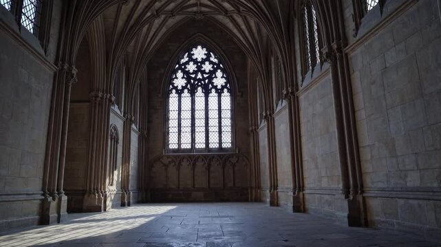 Slow Motion Shot of an Empty Dark Room in Gothic Style with Large Windows &ndash; Mysterious Cinematic Atmosphere, Haunting Shadows, Vintage Architecture, Eerie Ambience, Dramatic Lighting, Historic Mansion