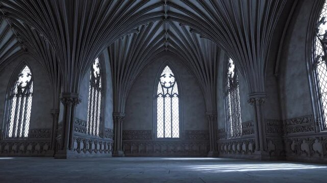 Slow Motion Shot of an Empty Dark Room in Gothic Style with Large Windows &ndash; Mysterious Cinematic Atmosphere, Haunting Shadows, Vintage Architecture, Eerie Ambience, Dramatic Lighting, Historic Mansion