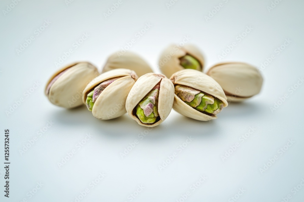 Poster a group of pistachios arranged in a row, with some shells visible