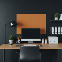 Modern office desk with computer, lamp, and organized supplies