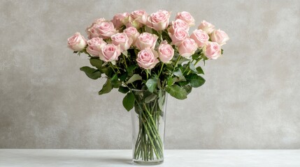 Fototapeta premium A bouquet of soft pink rose flowers in a clear vase placed on a white table, with negative space around.