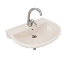Beige ceramic bathroom sink, complete with faucet. Classic style washbowl with water tap. Isolated on a white background. 3d illustration.