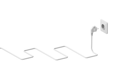 White electric plug with a curved cable and socket suspended in the air. Minimal style with copy space. Isolated on white background. 3d illustration