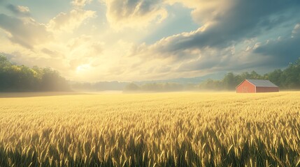 A serene landscape featuring a golden wheat field under a dramatic sky, with sunlight breaking through clouds and a red barn in the distance.