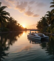 Sunset over the Miami River with a catamaran in the foreground, marina, miami river