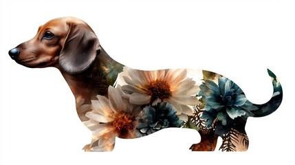 Dachshund Silhouette Filled With Watercolor Floral Pattern on White Background