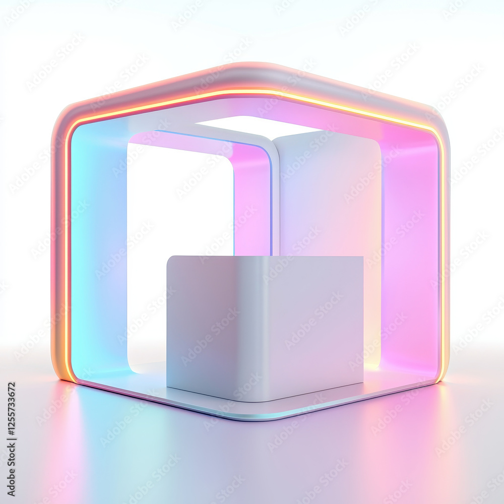 Aufkleber modern display booth with glowing edges and central cube