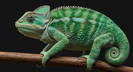 Obraz premium Green Chameleon on Branch Close-up