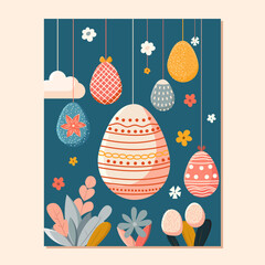 cute card with easter eggs and flowers in flat style on blue background. vector easter illustration with colorful eggs