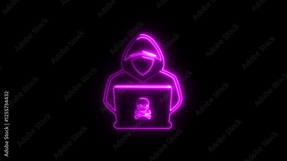 Aufkleber glowing neon hacker cybercriminal with laptop icon animation.hacker is cybercriminal who steals user