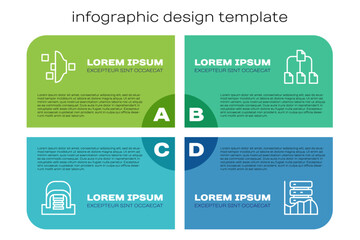 Set line Hangar with servers, Filter setting, Server, Data, Web Hosting and Folder tree. Business infographic template. Vector