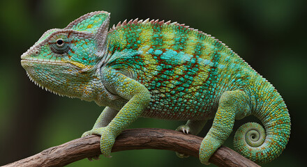 Obraz premium Green Chameleon on Branch Close-up