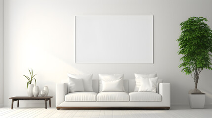 Modern Minimalist Living Room Interior Design with White Sofa and Blank Frame Mockup