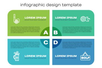 Set line Golf bag with clubs, ball, label and . Business infographic template. Vector
