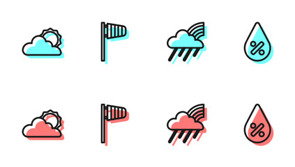 Set line Rainbow with cloud and rain, Sun weather, Cone windsock wind vane and Water drop percentage icon. Vector