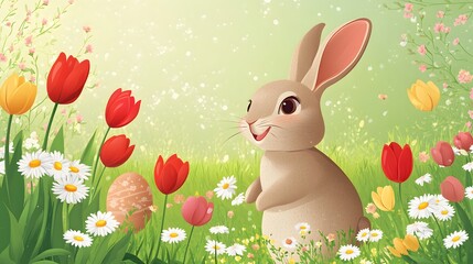 Happy Easter Bunny in a Spring Flower Garden