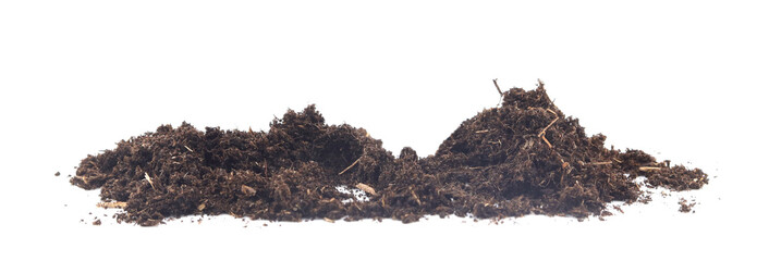 Close-up of black fertile soil set, soil pile, black biosoil or soil texture, isolated on white...