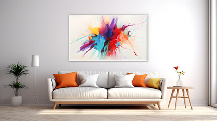 Vibrant Abstract Colorful Explosion Painting on White Sofa in Modern Living Room Interior