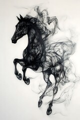 Fototapeta premium Ethereal Horse in Smoke: An intricate and mesmerizing black and white illustration depicting a horse frozen in mid-leap, its form dissolving into a swirling cloud of smoke.