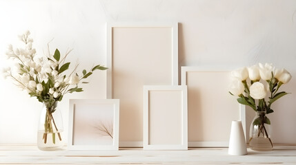 Elegant White Frames Mockup with White Flowers Minimalist Home Decor Blank Space for Artwork