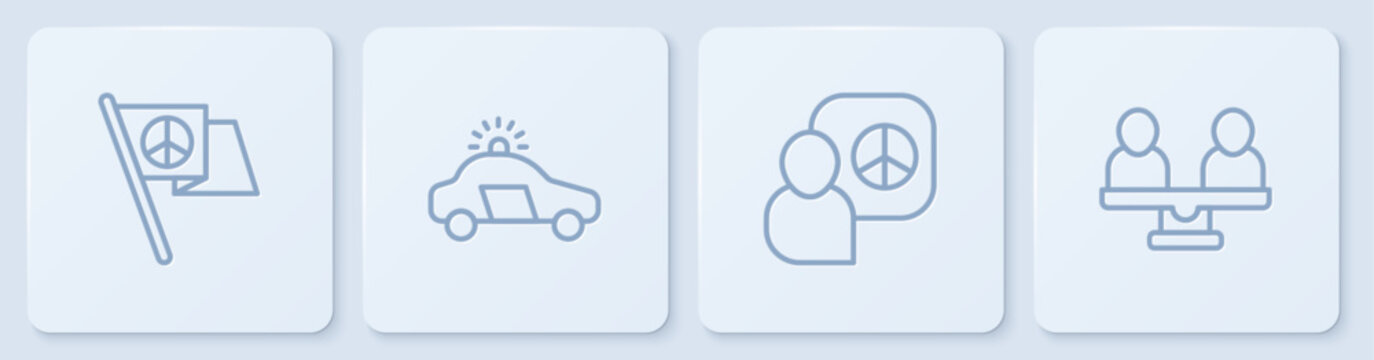 Set line Peace, talks, Police car and flasher and Gender equality. White square button. Vector