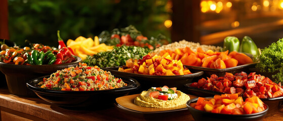 inviting buffet spread of plant based dishes including fresh vegetables