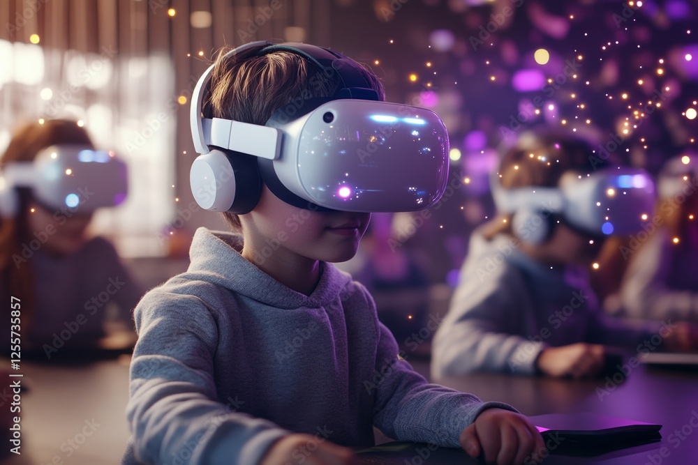 Poster a futuristic primary school classroom where young students learn using virtual reality and ai-powere