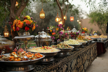 Elegant outdoor Yemeni food catering with lanterns and floral decor