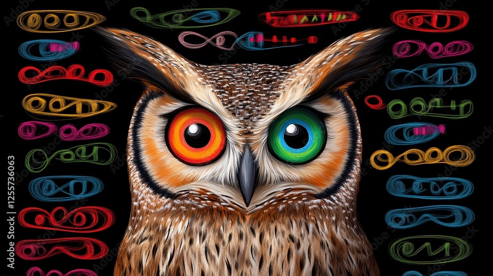 Poster close up portrait of a bird with vibrant multicolored eyes, set against a backdrop of abstract color