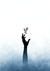 Silhouette of a Hand Reaching Upward from a Misty Background, Holding a Small Branch