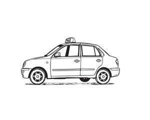5.	Line art illustration of a taxi, strong hard light, layered papier-mâché texture, black and white, sculpted look, harsh shadows, clear background, easy to color, Vector.