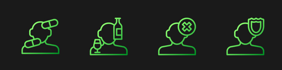 Set line Solution problem in psychology, Sedative pills, Alcoholism and Psychology. Gradient color icons. Vector