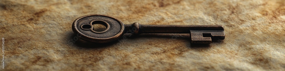 Poster a single key sitting on a piece of worn leather, ideal for use in design projects or as a symbol of 