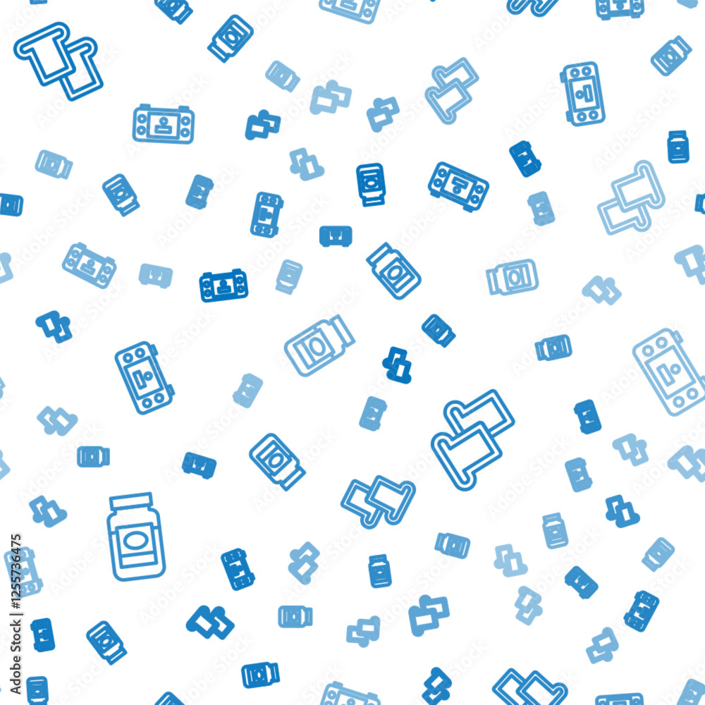 Aufkleber set line jam jar, bread toast and portable video game console on seamless pattern. vector