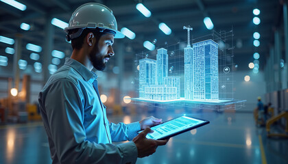 Architect using digital tablet visualizing modern building design in a factory setting