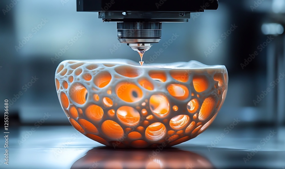 Aufkleber 3d printer creating a porous, spherical object with an inner orange glow.