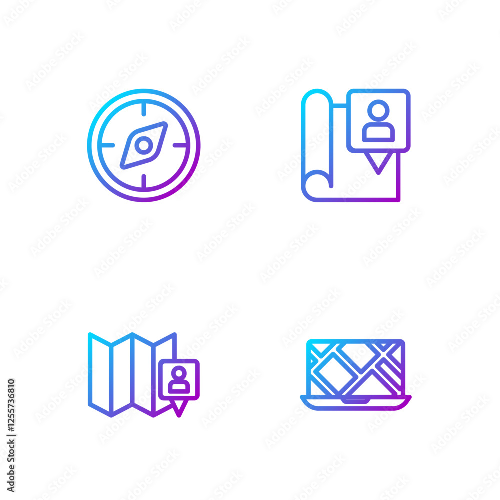 Poster set line city map navigation, folded with location marker, compass and . gradient color icons. vecto