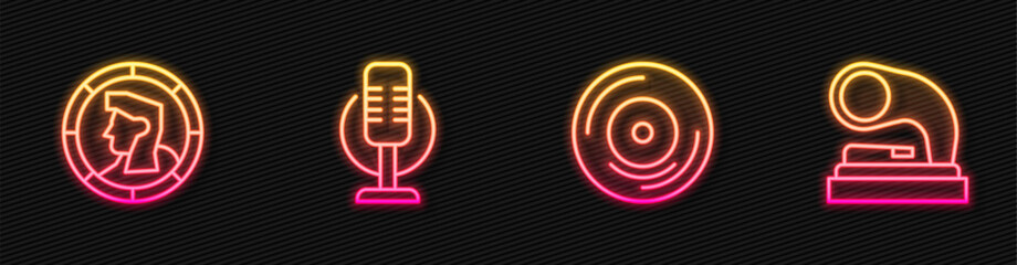 Set line Vinyl disk, Ancient coin, Microphone and Old gramophone. Glowing neon icon. Vector