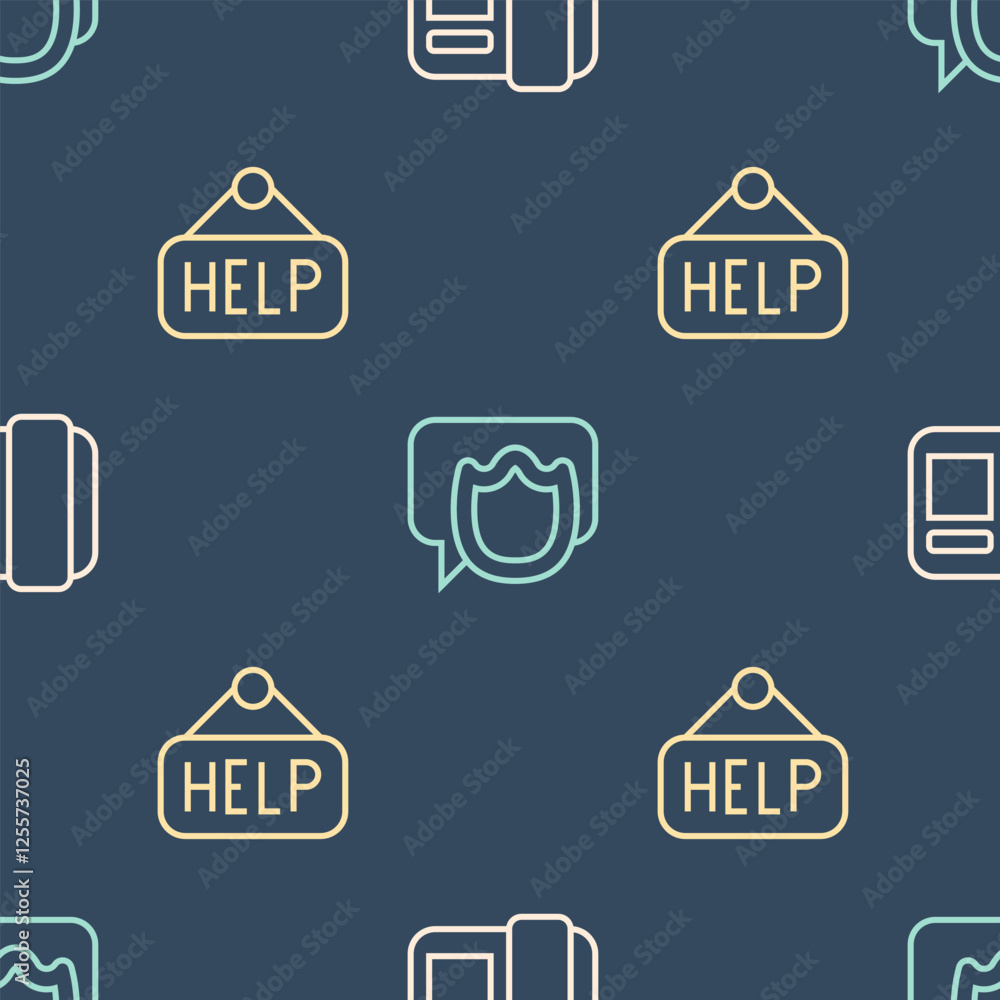 Poster set line telephone handset, signboard with text help and speech bubble chat on seamless pattern. vec