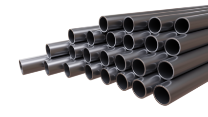 Steel hollow section beams, circular shape tube isolated on white, transparent