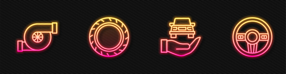 Set line Auto service check automotive, Automotive turbocharger, Car tire wheel and Steering. Glowing neon icon. Vector