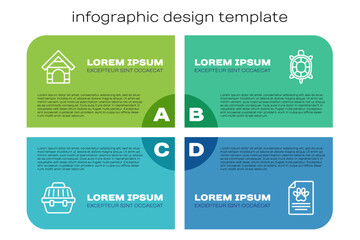 Set line Pet carry case, Dog house, Medical clinical record pet and Turtle. Business infographic template. Vector